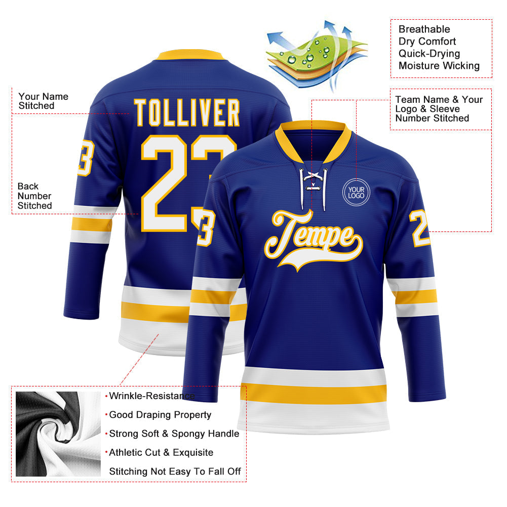 Custom Royal White-Gold Hockey Lace Neck Jersey - Sky-Custom