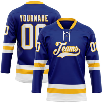 Custom Royal White-Gold Hockey Lace Neck Jersey - Sky-Custom