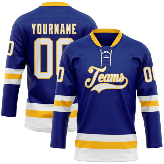 Custom Royal White-Gold Hockey Lace Neck Jersey - Sky-Custom