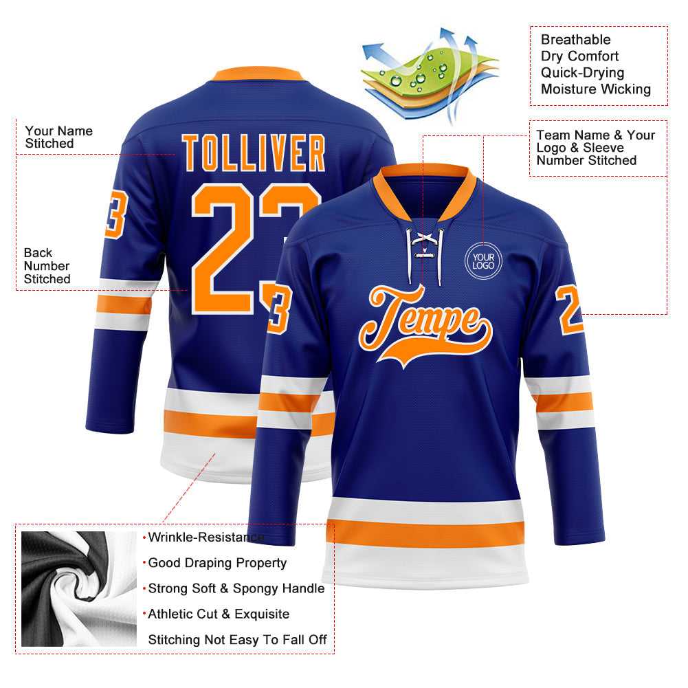 Custom Royal Bay Orange-White Hockey Lace Neck Jersey - Sky-Custom