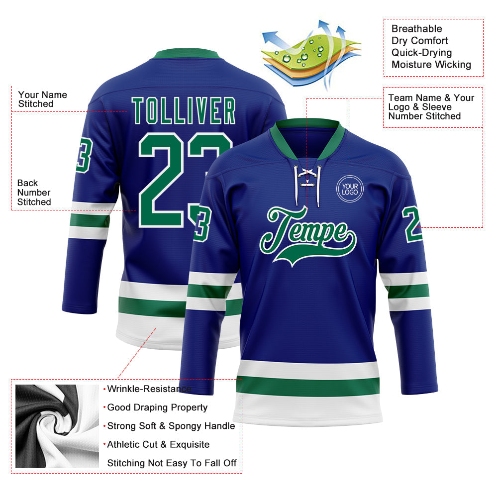 Custom Royal Kelly Green-White Hockey Lace Neck Jersey - Sky-Custom