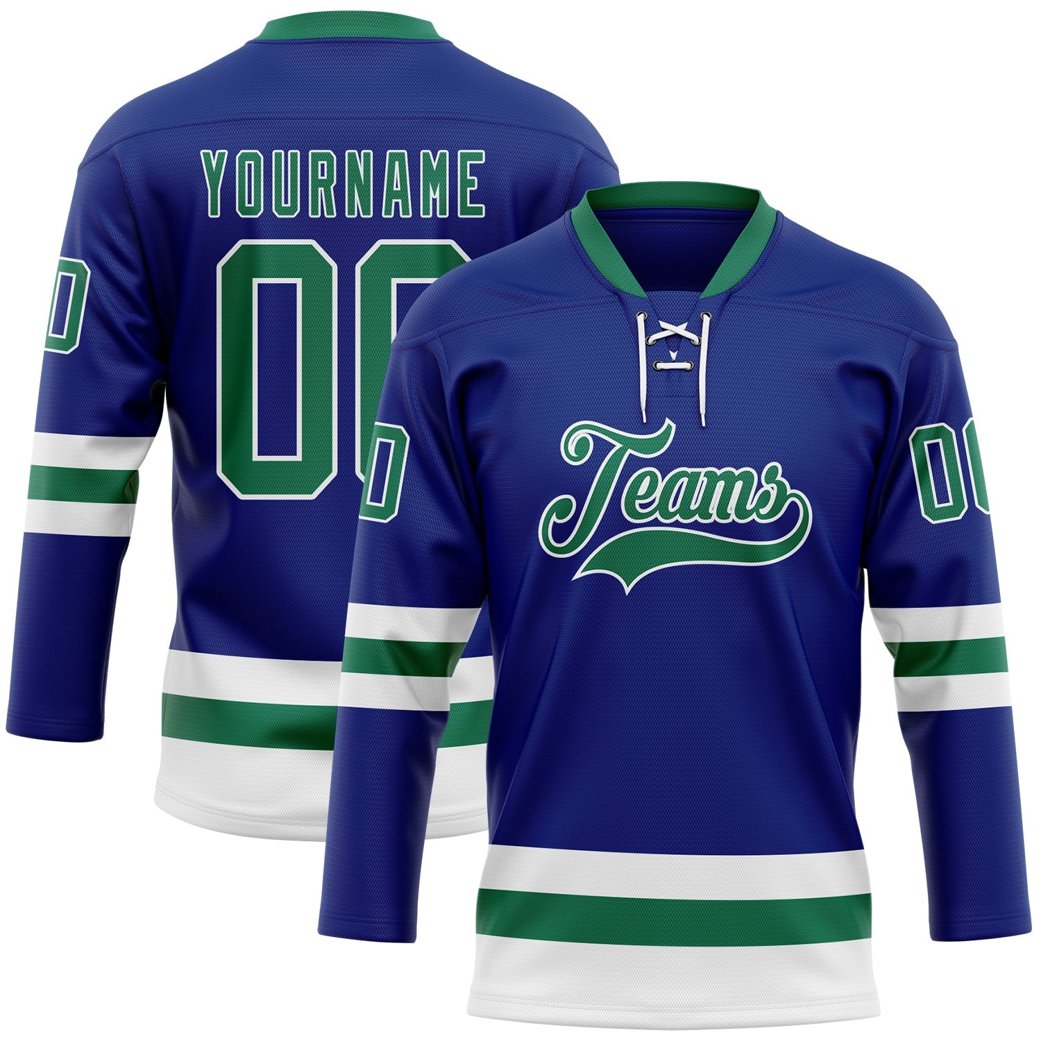 Custom Royal Kelly Green-White Hockey Lace Neck Jersey - Sky-Custom
