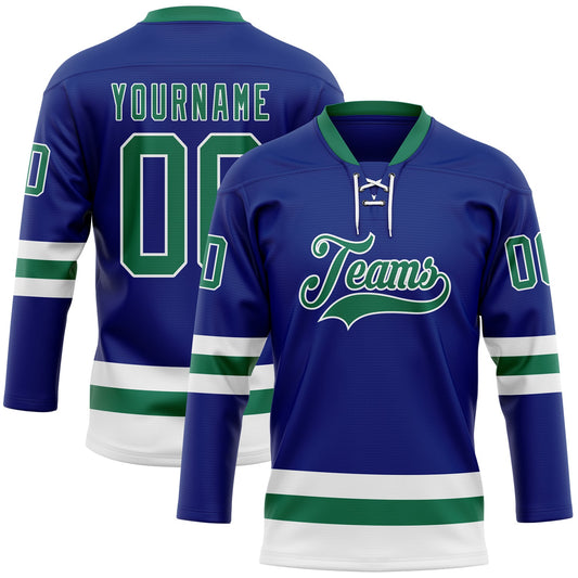Custom Royal Kelly Green-White Hockey Lace Neck Jersey - Sky-Custom