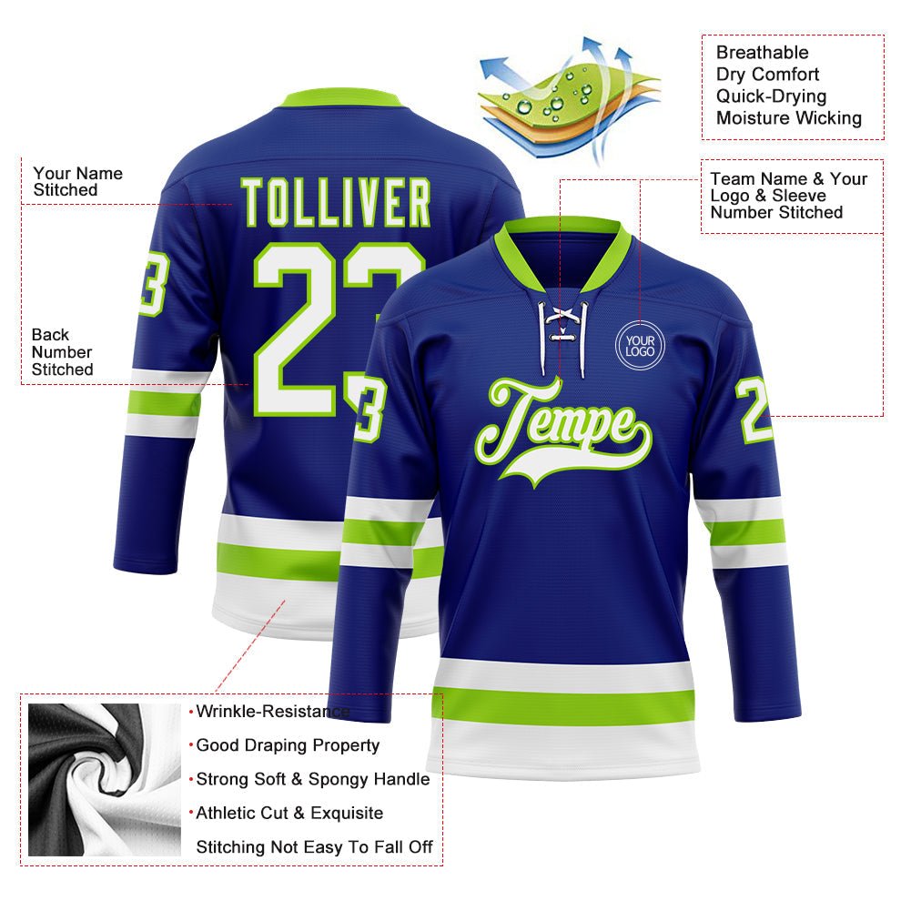 Custom Royal White-Neon Green Hockey Lace Neck Jersey - Sky-Custom