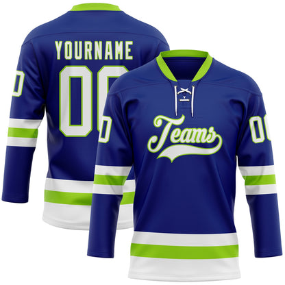 Custom Royal White-Neon Green Hockey Lace Neck Jersey - Sky-Custom
