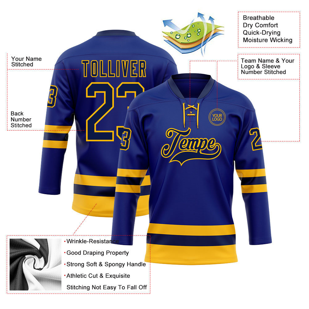 Custom Royal Navy-Gold Hockey Lace Neck Jersey - Sky-Custom