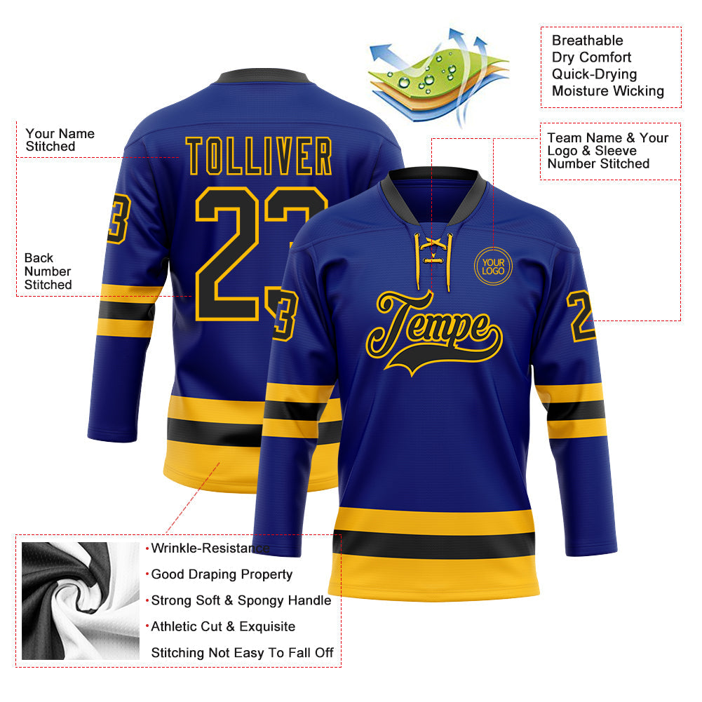 Custom Royal Black-Gold Hockey Lace Neck Jersey - Sky-Custom