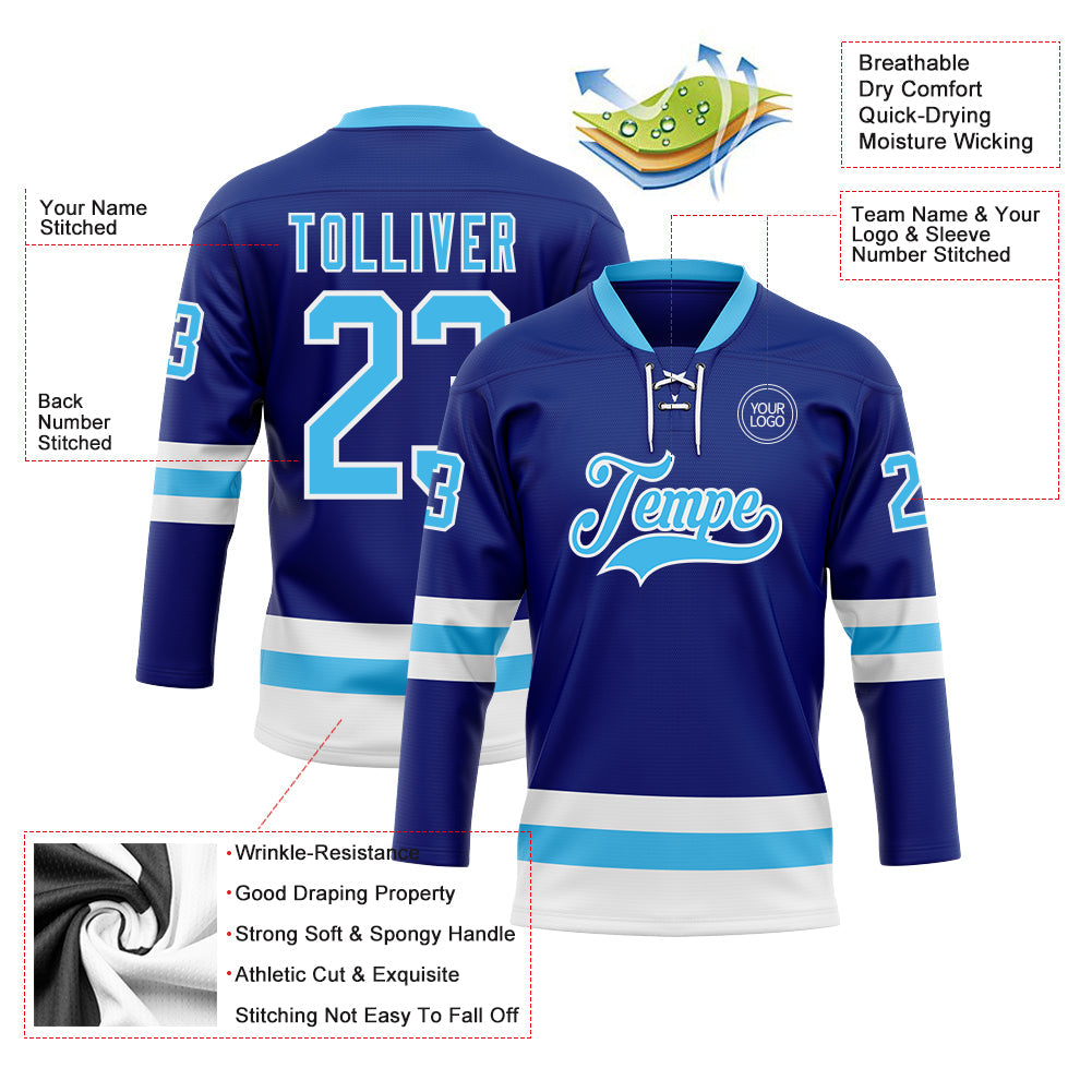 Custom Royal Sky Blue-White Hockey Lace Neck Jersey - Sky-Custom