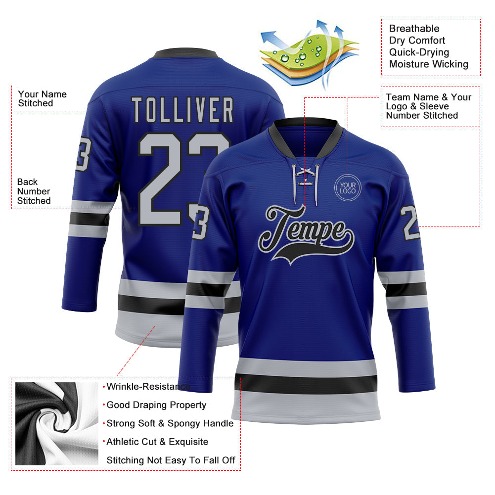 Custom Royal Gray-Black Hockey Lace Neck Jersey - Sky-Custom