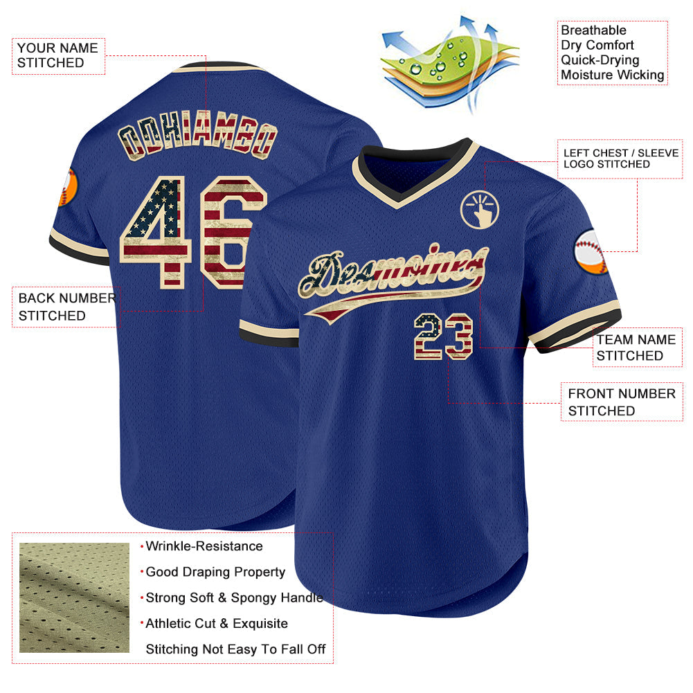 Custom Royal Vintage USA Flag Cream-Black Authentic Throwback Baseball Jersey - Sky-Custom