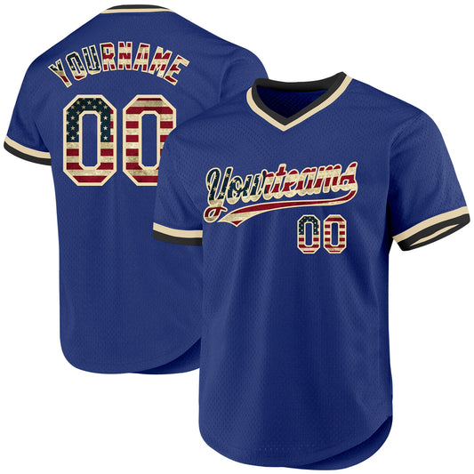Custom Royal Vintage USA Flag Cream-Black Authentic Throwback Baseball Jersey - Sky-Custom