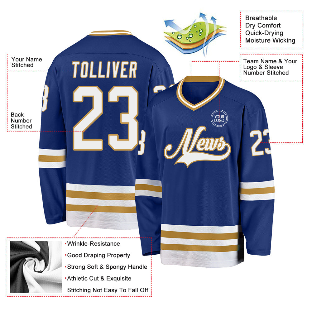Custom Royal White-Old Gold Hockey Jersey - Sky-Custom
