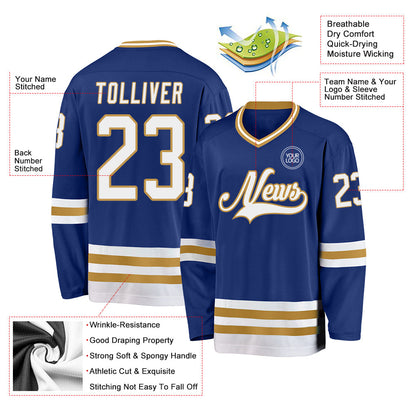 Custom Royal White-Old Gold Hockey Jersey - Sky-Custom