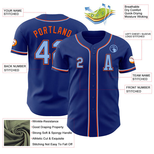 Custom Royal Light Blue-Orange Authentic Baseball Jersey - Sky-Custom
