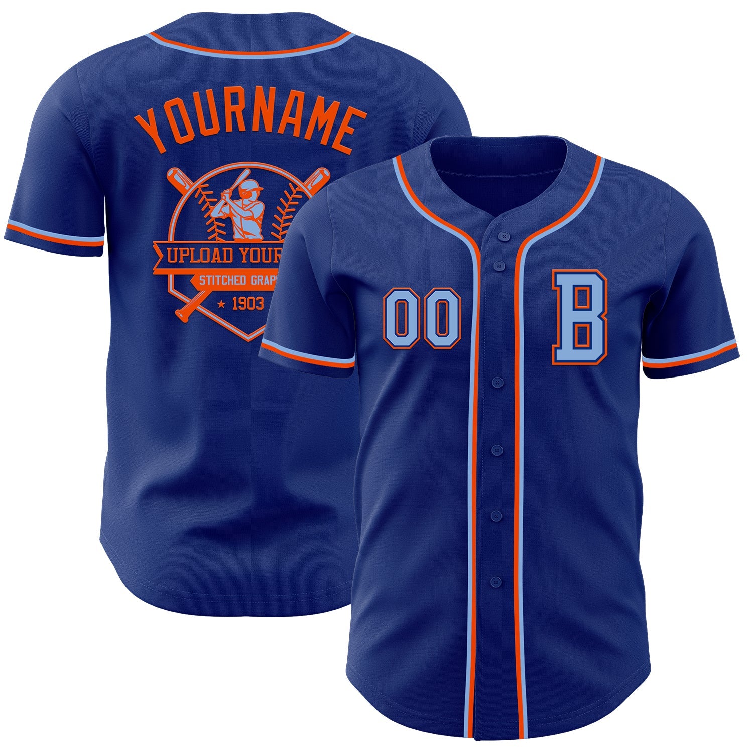 Custom Royal Light Blue-Orange Authentic Baseball Jersey - Sky-Custom
