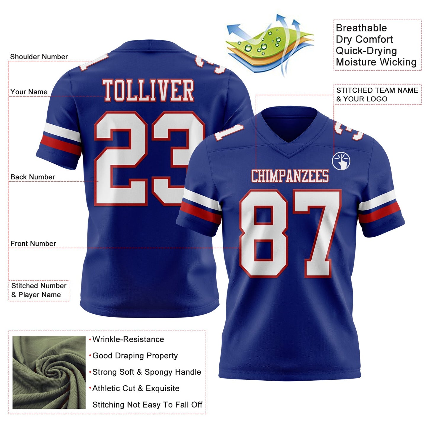 Custom Royal White-Red Mesh Authentic Football Jersey - Sky-Custom