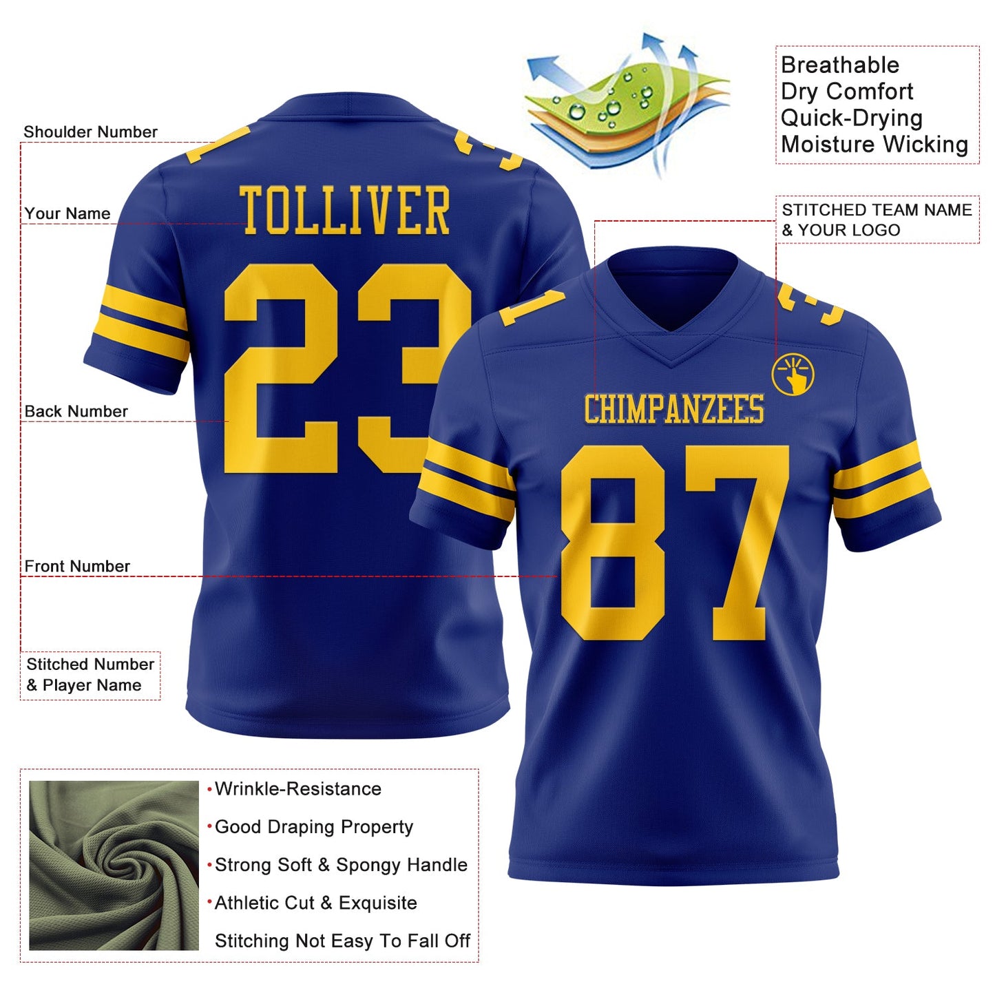 Custom Royal Yellow Mesh Authentic Football Jersey - Sky-Custom