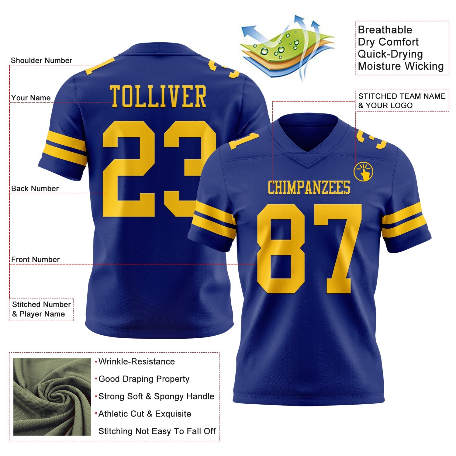 Custom Royal Yellow Mesh Authentic Football Jersey - Sky-Custom