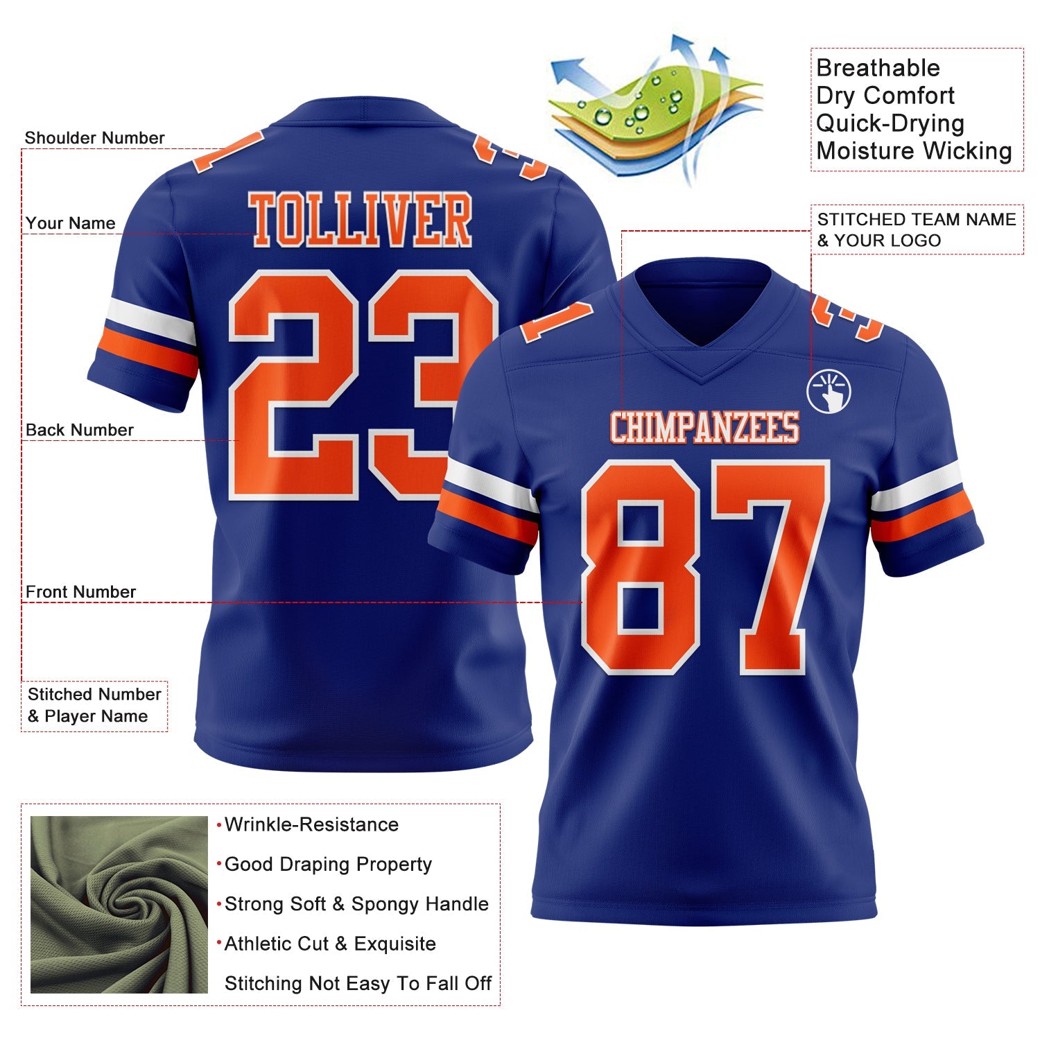 Custom Royal Orange-White Mesh Authentic Football Jersey - Sky-Custom