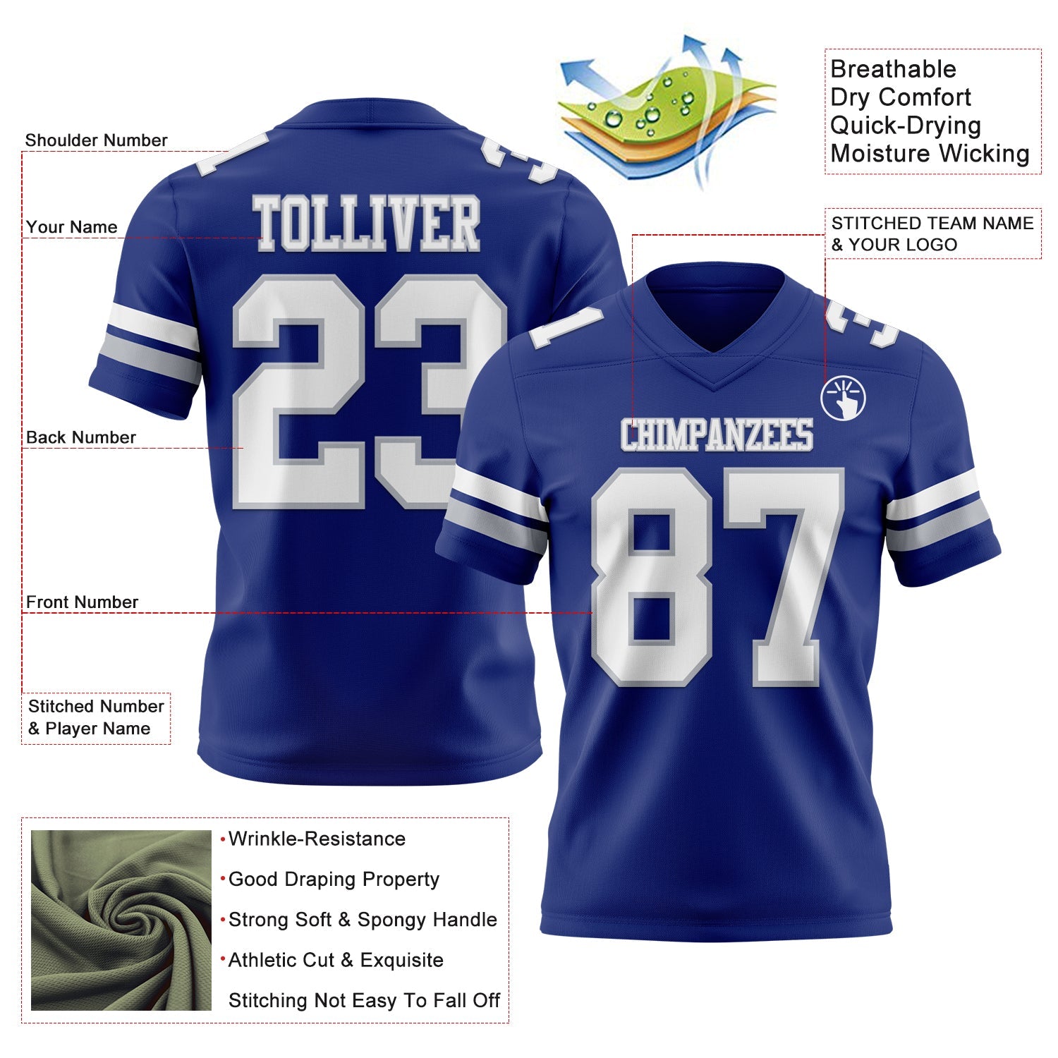 Custom Royal White-Gray Mesh Authentic Football Jersey - Sky-Custom