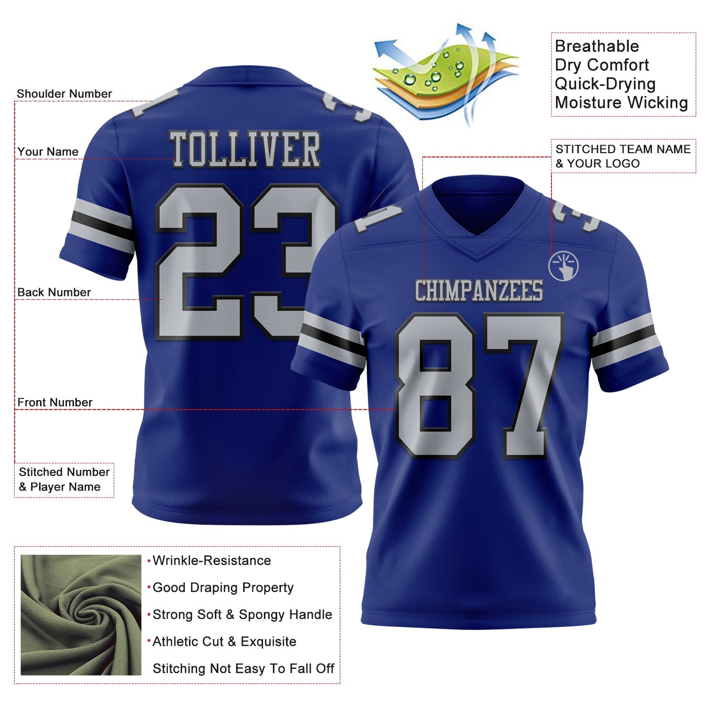 Custom Royal Gray-Black Mesh Authentic Football Jersey - Sky-Custom