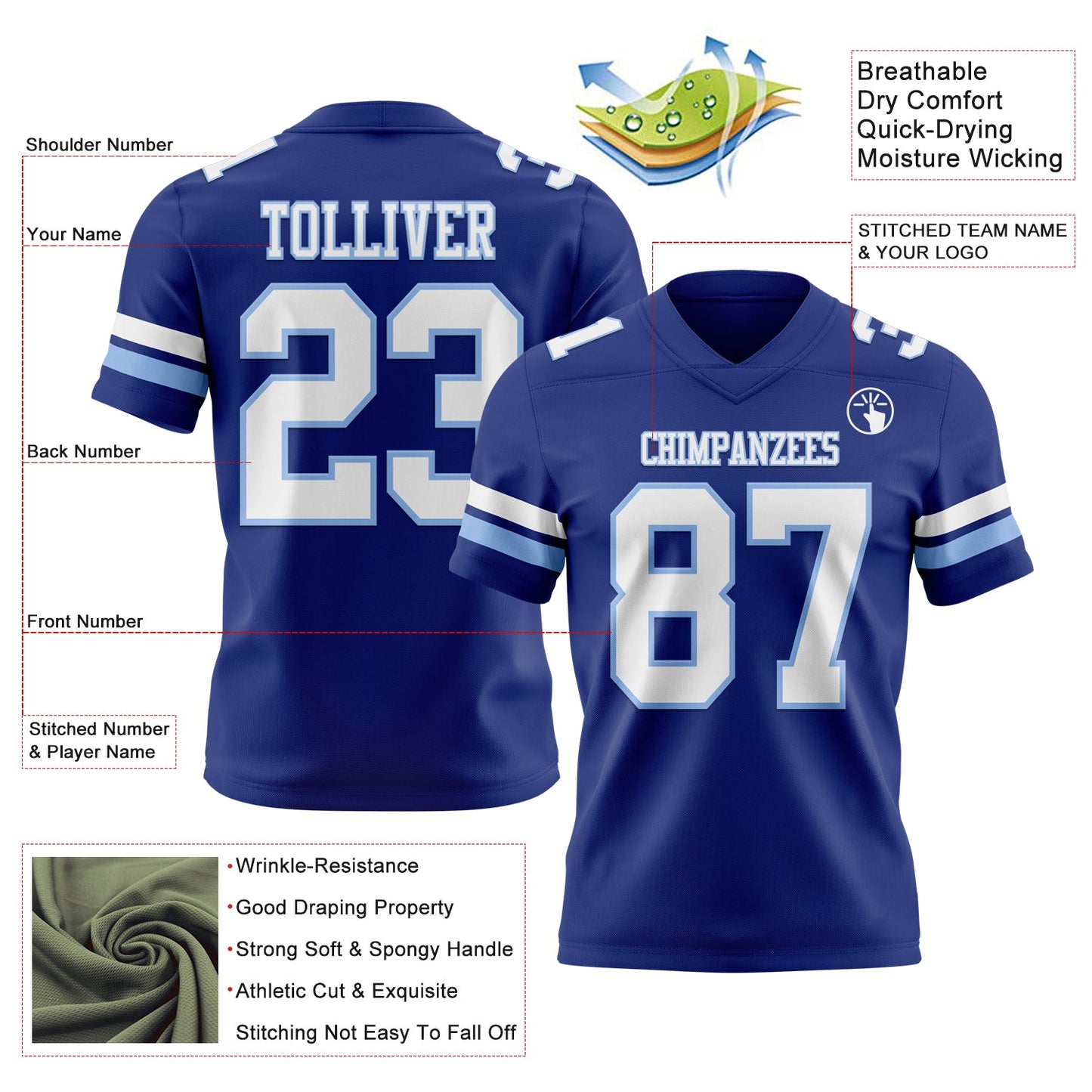 Custom Royal White-Light Blue Mesh Authentic Football Jersey - Sky-Custom