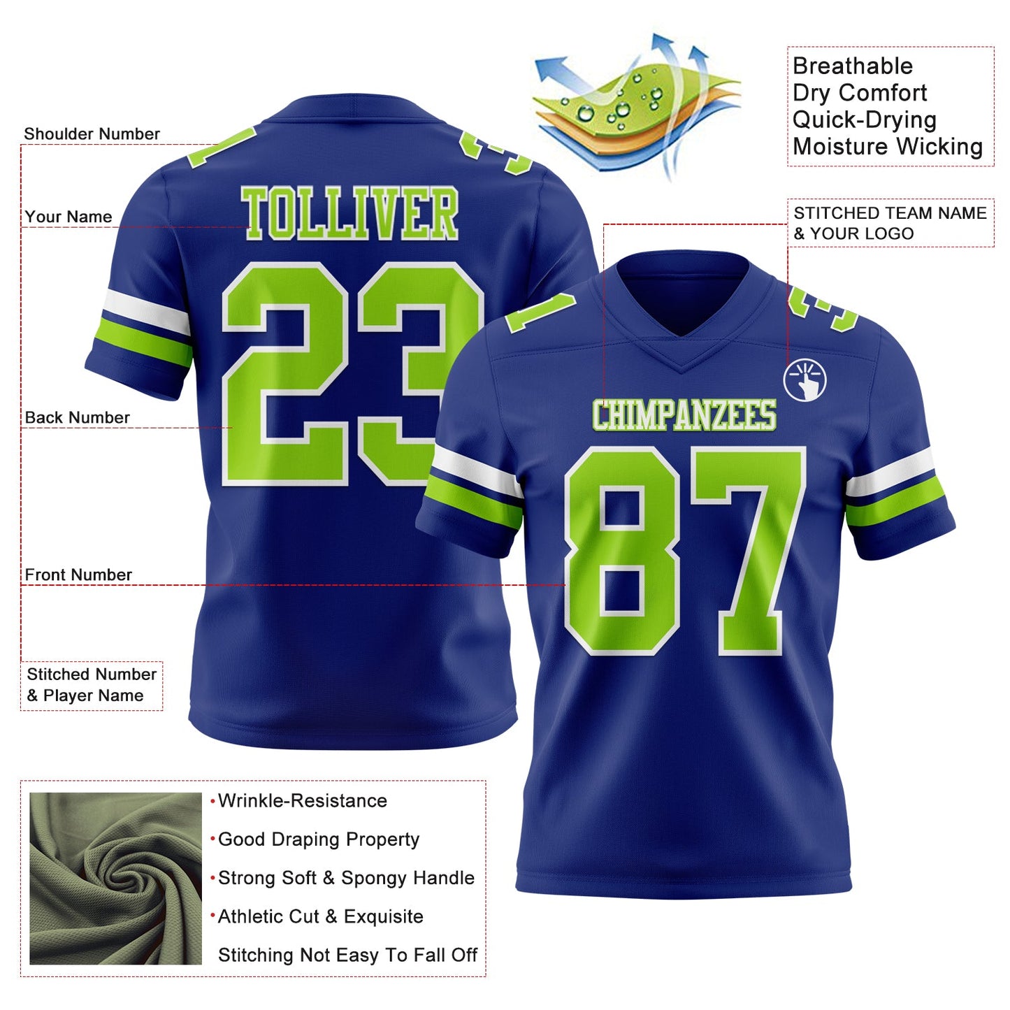 Custom Royal Neon Green-White Mesh Authentic Football Jersey - Sky-Custom