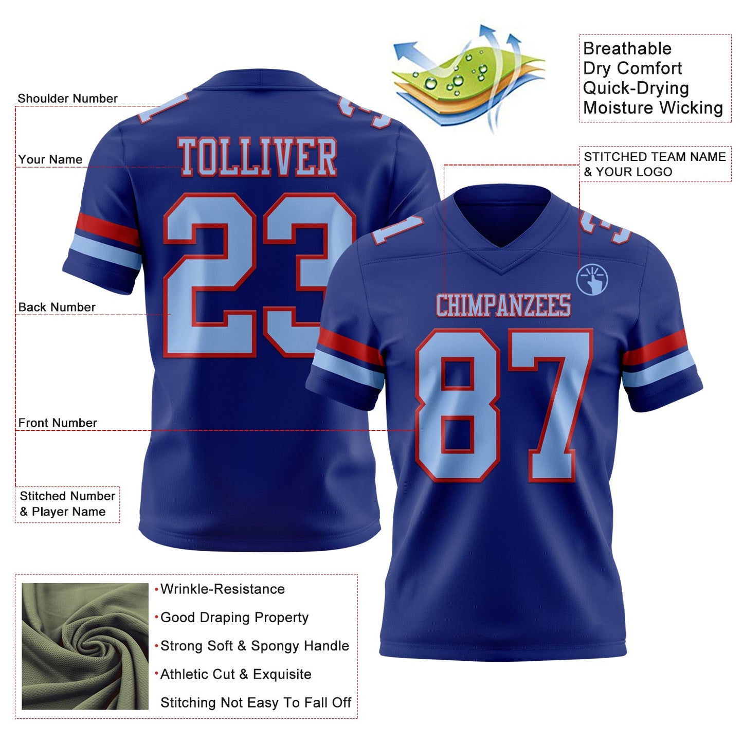 Custom Royal Light Blue-Red Mesh Authentic Football Jersey - Sky-Custom