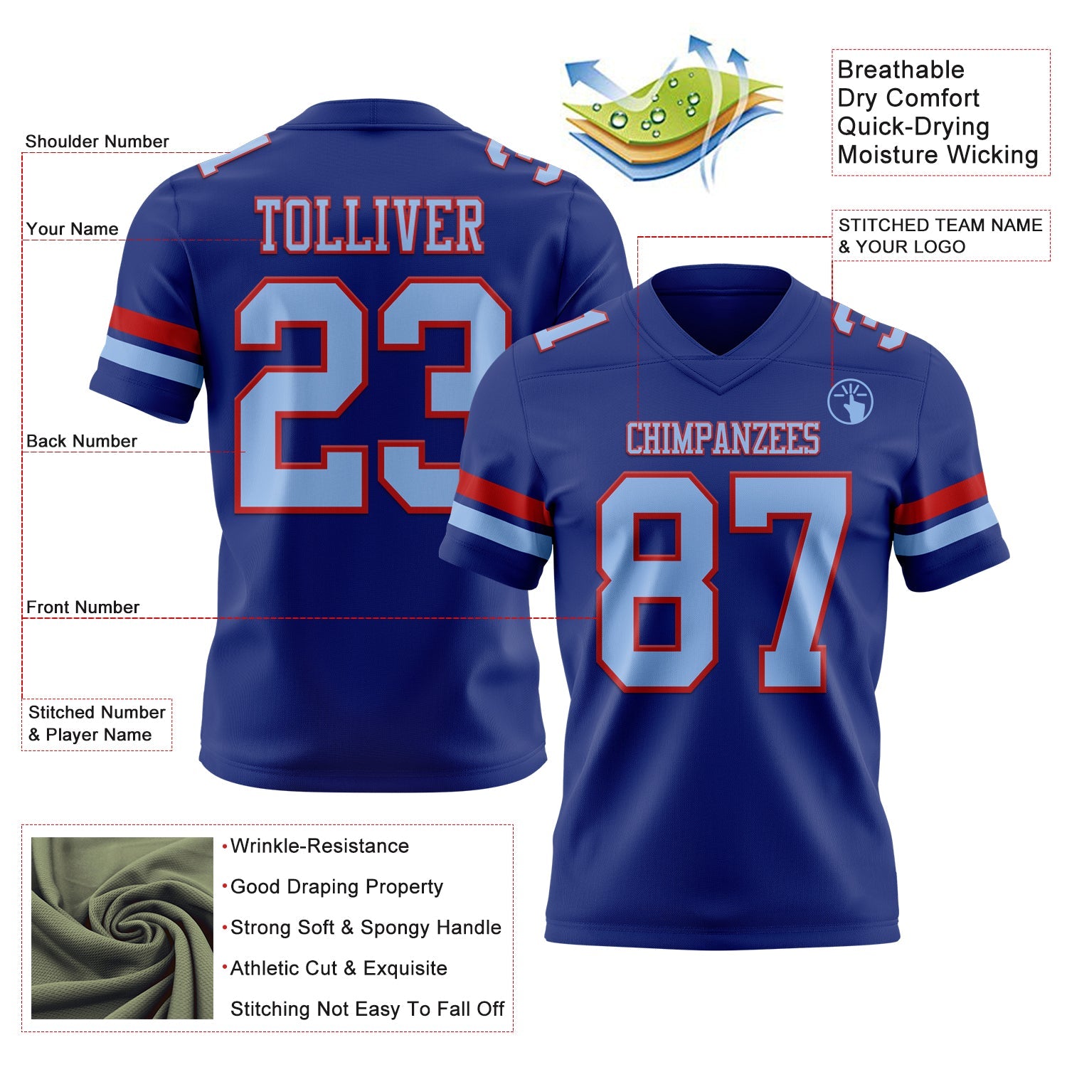 Custom Royal Light Blue-Red Mesh Authentic Football Jersey - Sky-Custom
