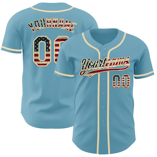 Custom Shadow Blue Vintage USA Flag-Cream Authentic Baseball Jersey - Sky-Custom