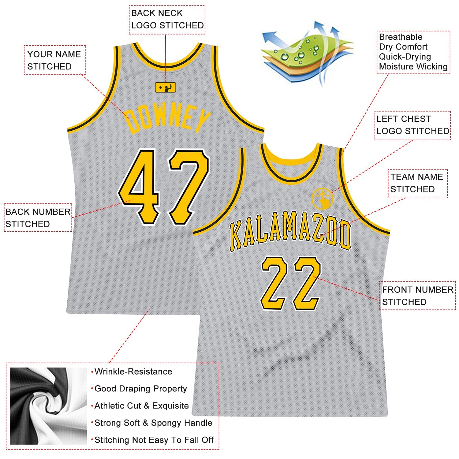 Custom Gray Gold-Black Authentic Throwback Basketball Jersey - Sky-Custom