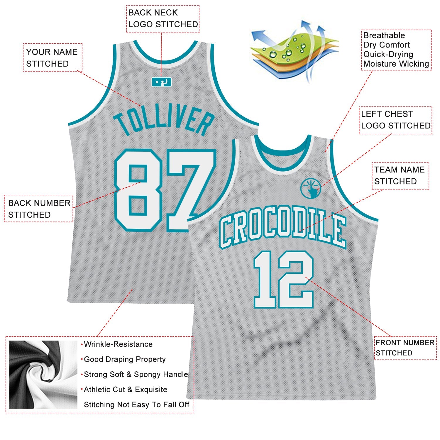 Custom Gray White-Teal Authentic Throwback Basketball Jersey - Sky-Custom