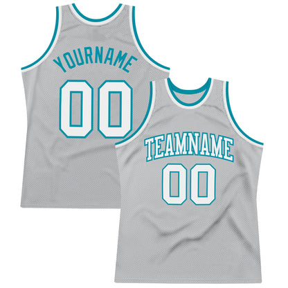 Custom Gray White-Teal Authentic Throwback Basketball Jersey - Sky-Custom