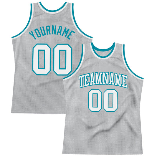 Custom Gray White-Teal Authentic Throwback Basketball Jersey - Sky-Custom