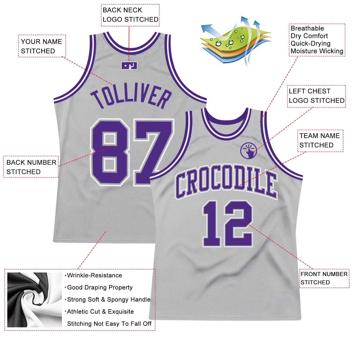 Custom Gray Purple-White Authentic Throwback Basketball Jersey - Sky-Custom