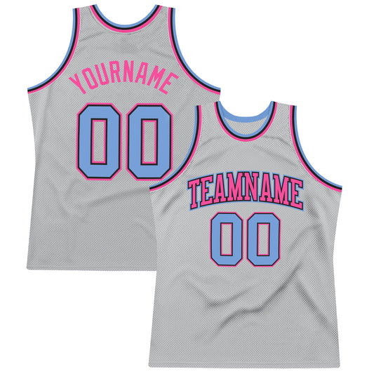 Custom Gray Light Blue-Pink Authentic Throwback Basketball Jersey - Sky-Custom