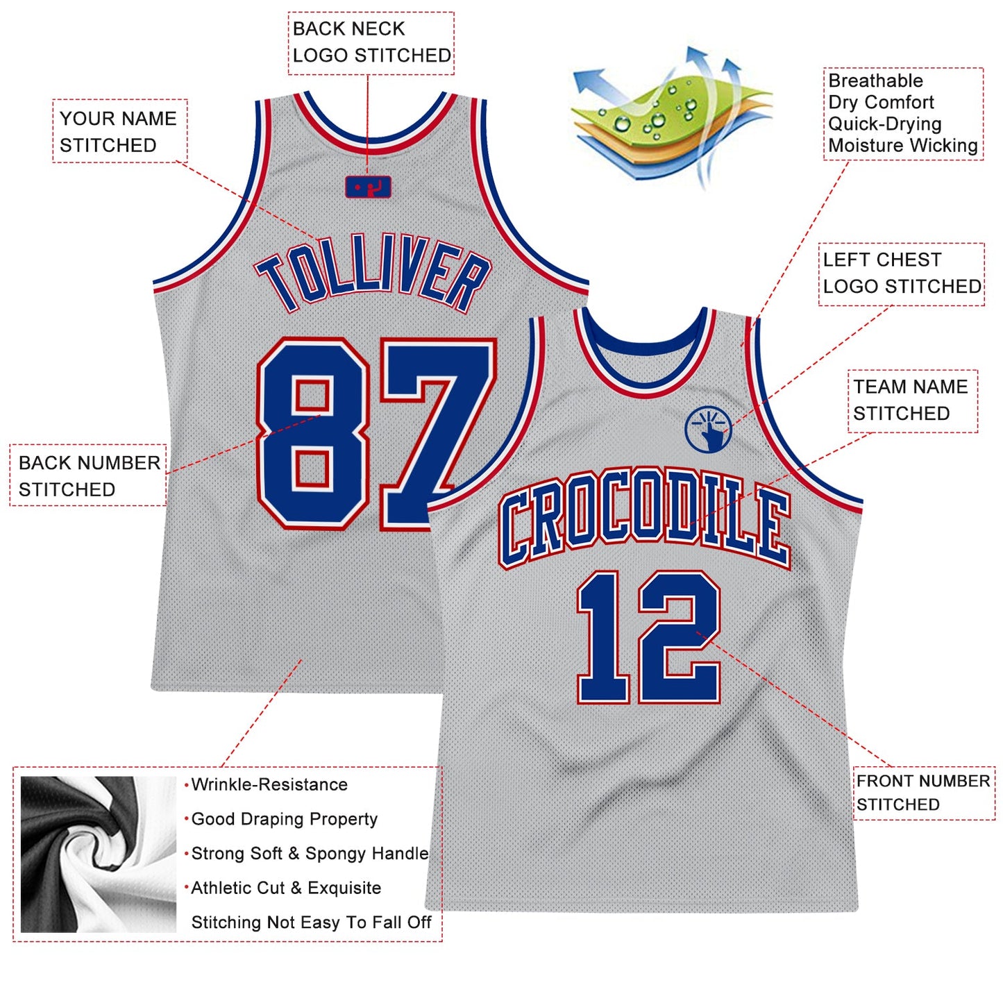 Custom Gray Royal-Red Authentic Throwback Basketball Jersey - Sky-Custom