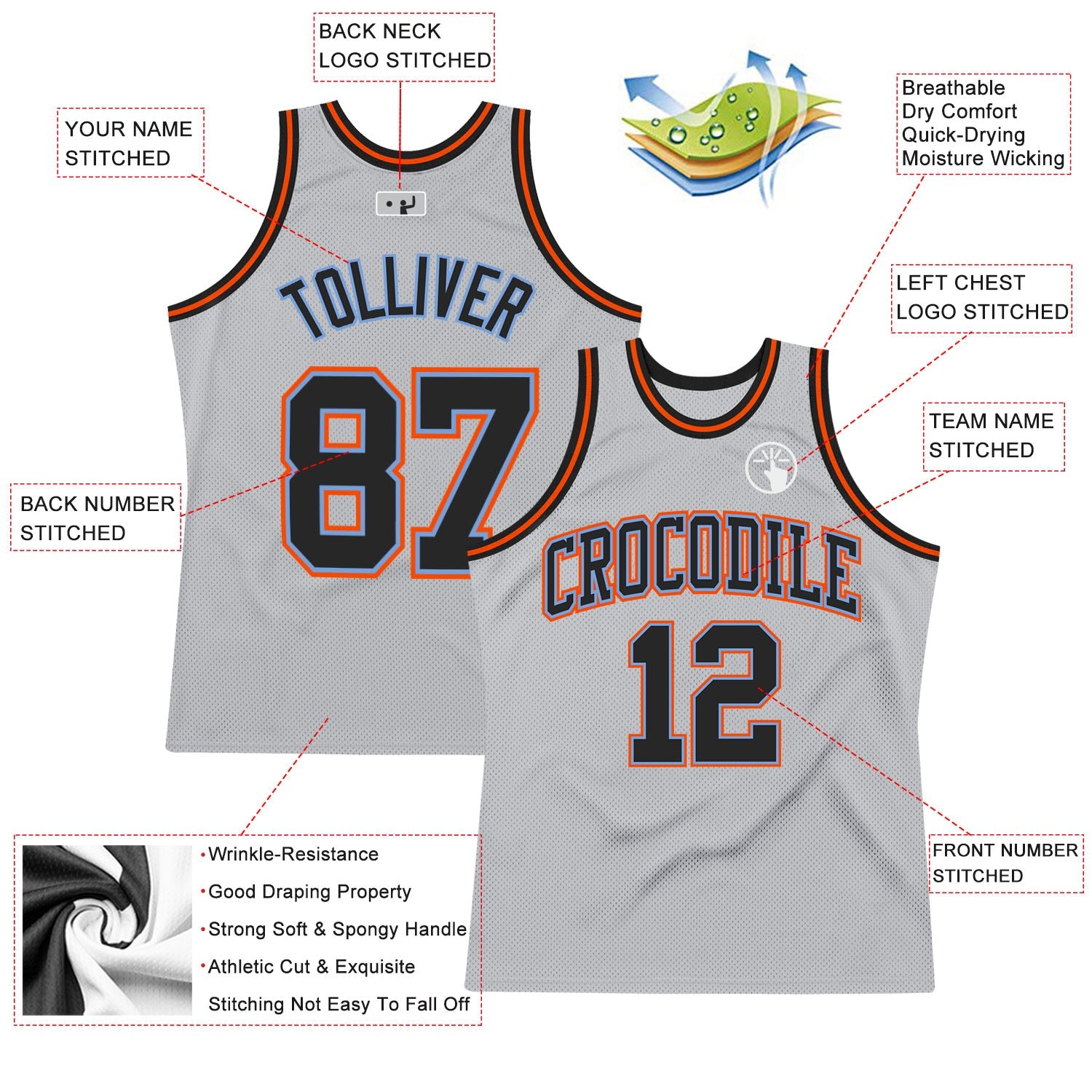 Custom Gray Black Powder Blue-Orange Authentic Throwback Basketball Jersey - Sky-Custom