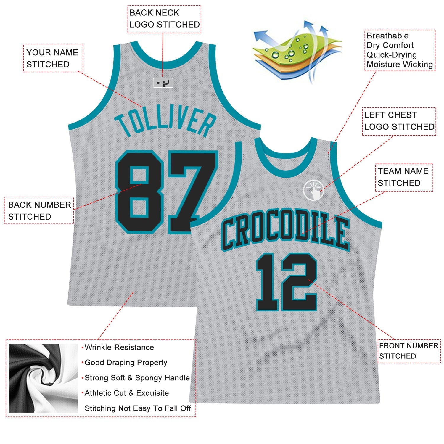 Custom Gray Black-Teal Authentic Throwback Basketball Jersey - Sky-Custom