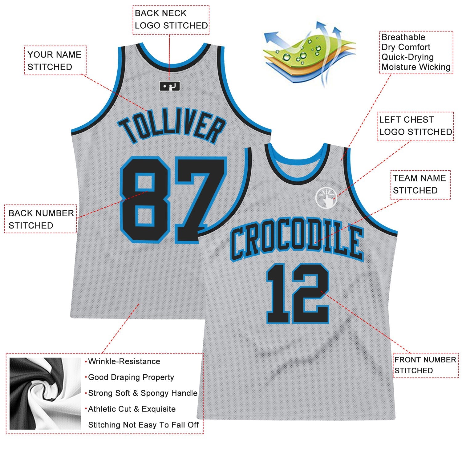 Custom Gray Black-Blue Authentic Throwback Basketball Jersey - Sky-Custom