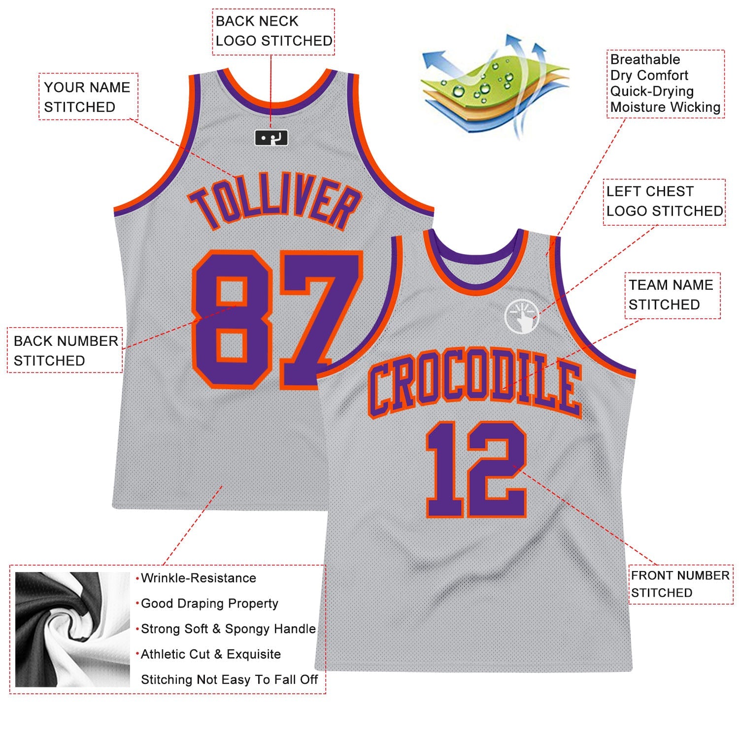 Custom Gray Purple-Orange Authentic Throwback Basketball Jersey - Sky-Custom
