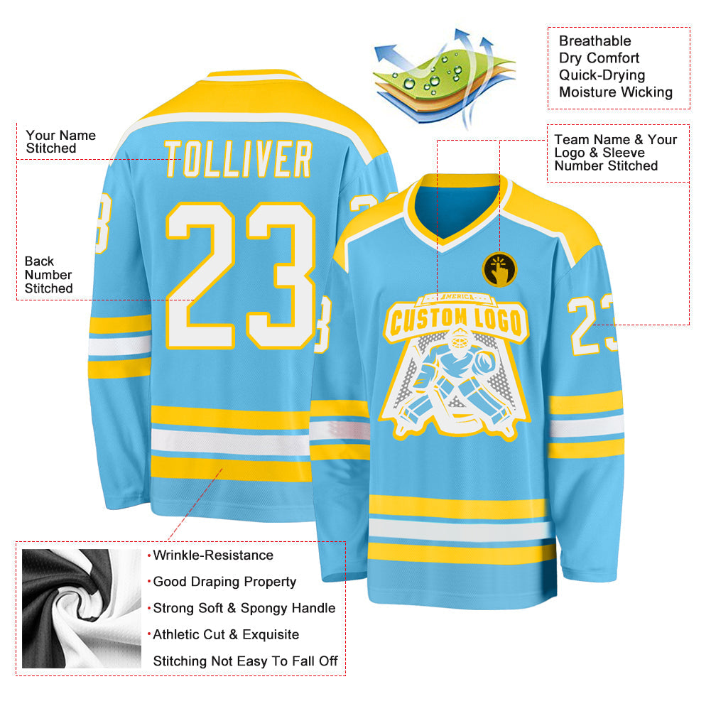 Custom Sky Blue White-Gold Hockey Jersey - Sky-Custom