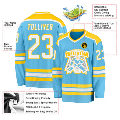 Custom Sky Blue White-Gold Hockey Jersey - Sky-Custom