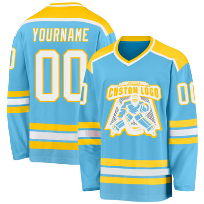 Custom Sky Blue White-Gold Hockey Jersey - Sky-Custom