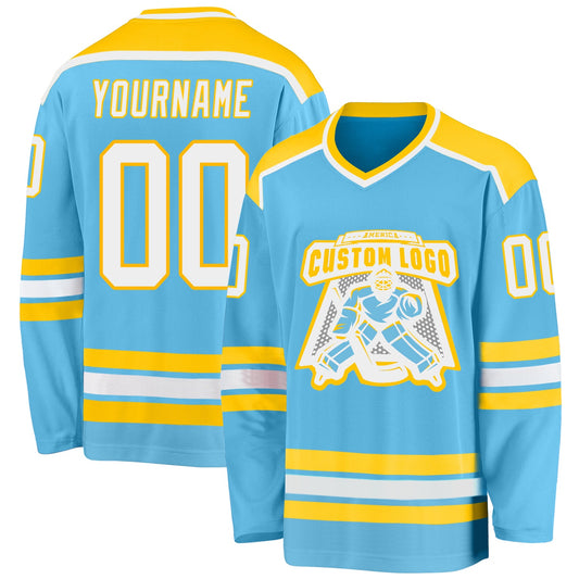 Custom Sky Blue White-Gold Hockey Jersey - Sky-Custom