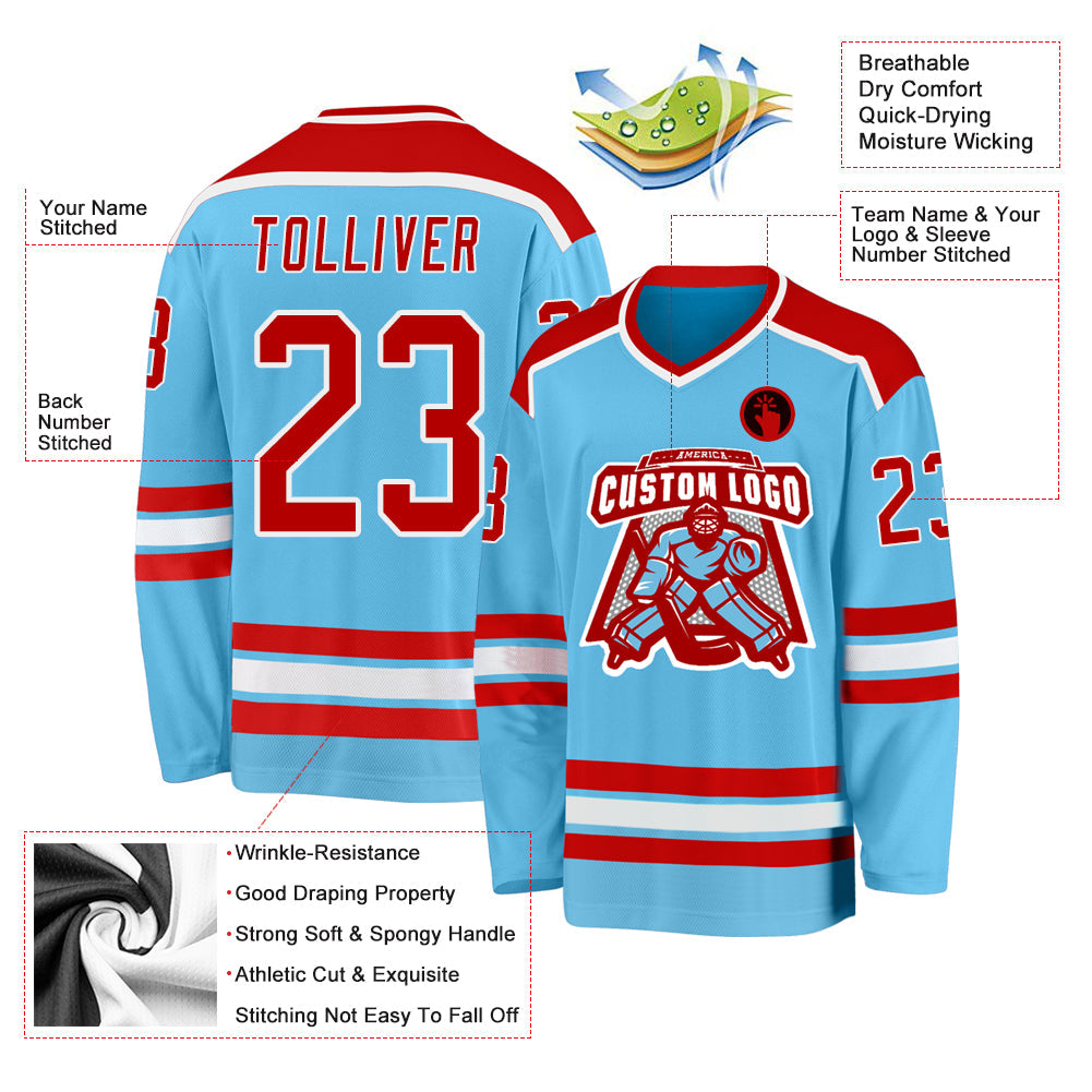 Custom Sky Blue Red-White Hockey Jersey - Sky-Custom