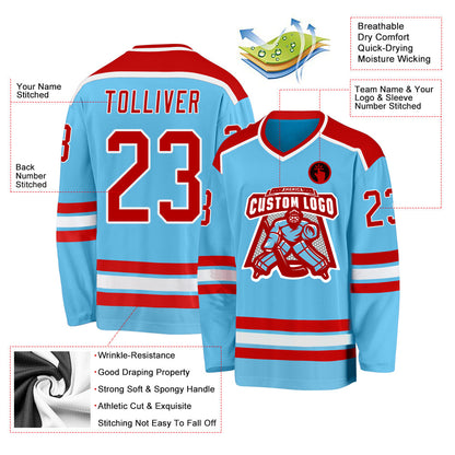 Custom Sky Blue Red-White Hockey Jersey - Sky-Custom