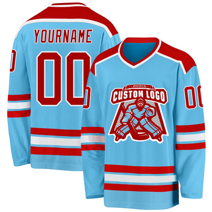 Custom Sky Blue Red-White Hockey Jersey - Sky-Custom