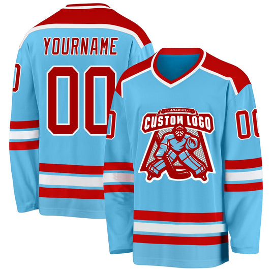 Custom Sky Blue Red-White Hockey Jersey - Sky-Custom
