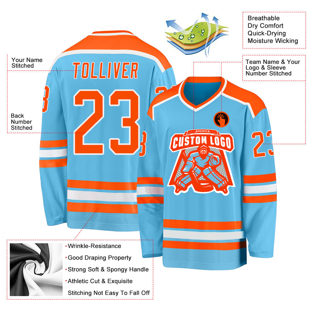 Custom Sky Blue Orange-White Hockey Jersey - Sky-Custom